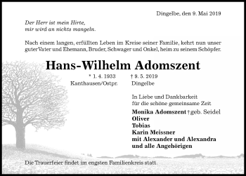 Traueranzeige von Hans-Wilhelm Adomszent von Hildesheimer Allgemeine Zeitung