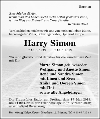 Traueranzeige von Harry Simon von Hildesheimer Allgemeine Zeitung
