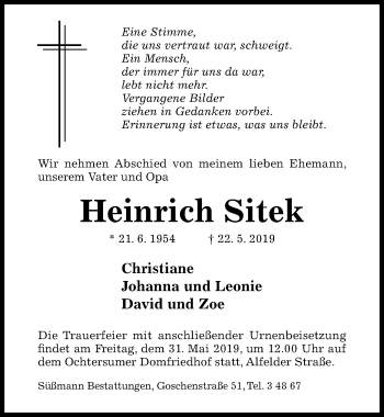 Traueranzeige von Heinrich Sitek von Hildesheimer Allgemeine Zeitung
