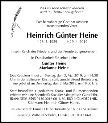 Traueranzeige von Heinrich Günter Heine von Hildesheimer Allgemeine Zeitung