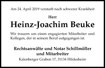 Traueranzeige von Heinz-Joachim Beuke von Hildesheimer Allgemeine Zeitung