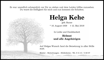Traueranzeige von Helga Kehe von Hildesheimer Allgemeine Zeitung