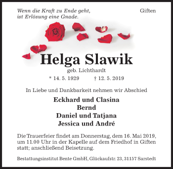 Traueranzeige von Helga Slawik von Hildesheimer Allgemeine Zeitung