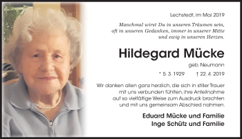 Traueranzeige von Hildegard Mücke von Hildesheimer Allgemeine Zeitung