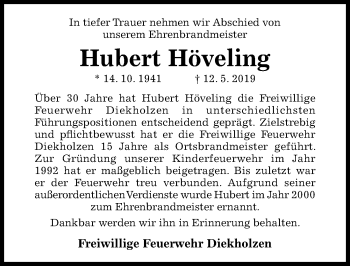 Traueranzeige von Hubert Höveling von Hildesheimer Allgemeine Zeitung