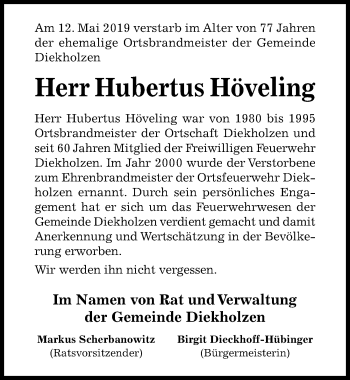 Traueranzeige von Hubertus Höveling von Hildesheimer Allgemeine Zeitung