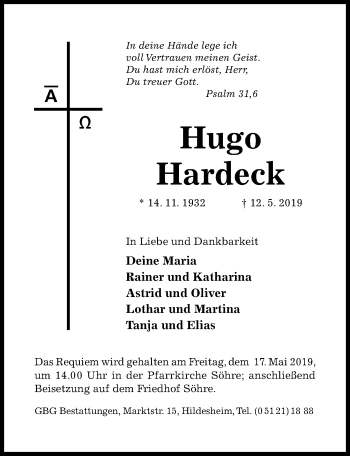 Traueranzeige von Hugo Hardeck von Hildesheimer Allgemeine Zeitung