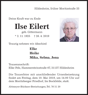 Traueranzeige von Ilse Eilert von Hildesheimer Allgemeine Zeitung
