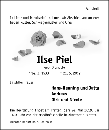 Traueranzeige von Ilse Piel von Hildesheimer Allgemeine Zeitung