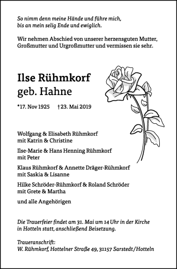 Traueranzeige von Ilse Rühmkorf von Hildesheimer Allgemeine Zeitung