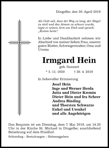 Traueranzeige von Irmgard Hein von Hildesheimer Allgemeine Zeitung