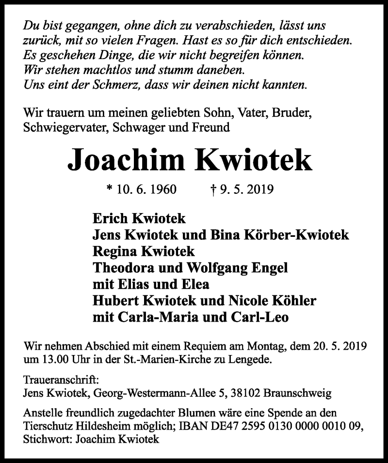  Traueranzeige für Joachim Kwiotek vom 17.05.2019 aus Hildesheimer Allgemeine Zeitung