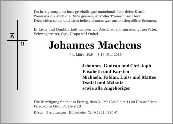 Traueranzeige von Johannes Machens von Hildesheimer Allgemeine Zeitung