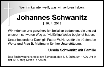 Traueranzeige von Johannes Schwanitz von Hildesheimer Allgemeine Zeitung