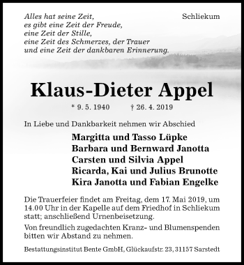 Traueranzeige von Klaus-Dieter Appel von Hildesheimer Allgemeine Zeitung