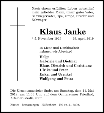 Traueranzeige von Klaus Janke von Hildesheimer Allgemeine Zeitung