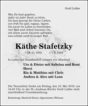 Traueranzeige von Käthe Stafetzky von Hildesheimer Allgemeine Zeitung