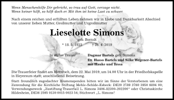 Traueranzeige von Lieselotte Simons von Hildesheimer Allgemeine Zeitung