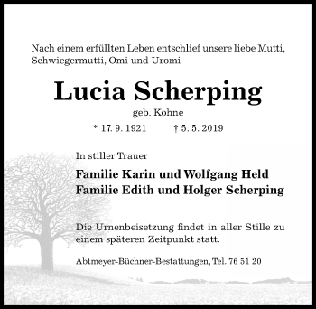 Traueranzeige von Lucia Scherping von Hildesheimer Allgemeine Zeitung