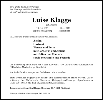 Traueranzeige von Luise Klagge von Hildesheimer Allgemeine Zeitung