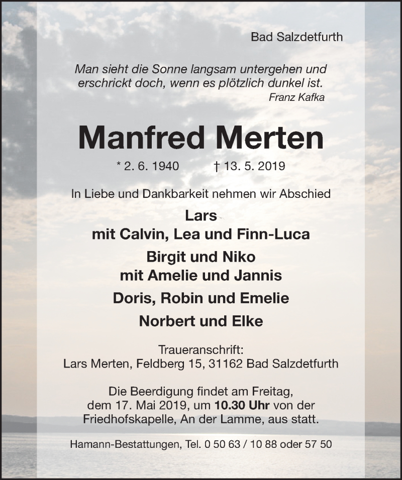  Traueranzeige für Manfred Merten vom 15.05.2019 aus Hildesheimer Allgemeine Zeitung