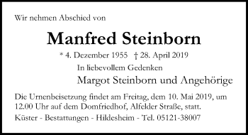 Traueranzeige von Manfred Steinborn von Hildesheimer Allgemeine Zeitung