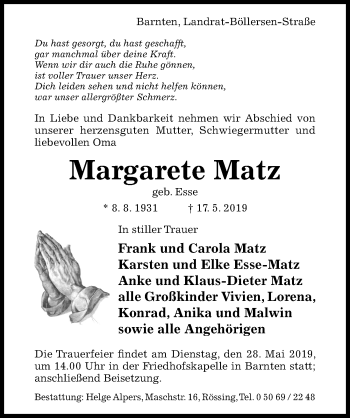 Traueranzeige von Margarete Matz von Hildesheimer Allgemeine Zeitung