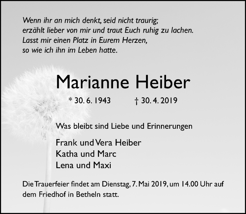  Traueranzeige für Marianne Heiber vom 04.05.2019 aus Hildesheimer Allgemeine Zeitung