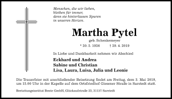 Traueranzeige von Martha Pytel von Hildesheimer Allgemeine Zeitung