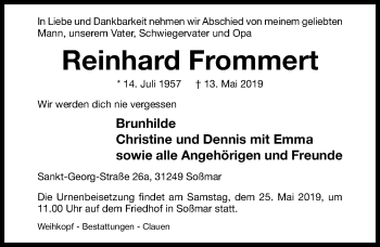 Traueranzeige von Reinhard Frommert von Hildesheimer Allgemeine Zeitung