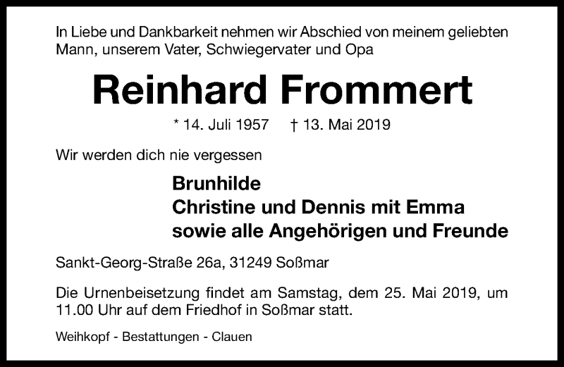  Traueranzeige für Reinhard Frommert vom 18.05.2019 aus Hildesheimer Allgemeine Zeitung