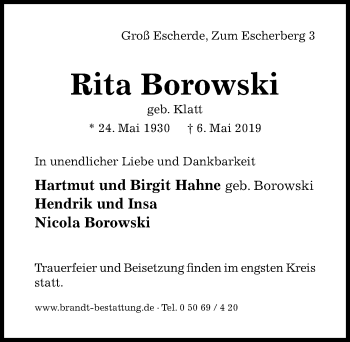 Traueranzeige von Rita Borowski von Hildesheimer Allgemeine Zeitung