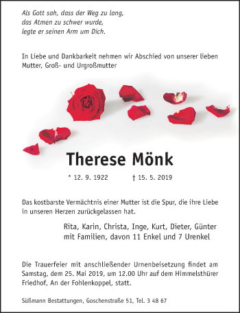 Traueranzeige von Therese Mönk von Hildesheimer Allgemeine Zeitung