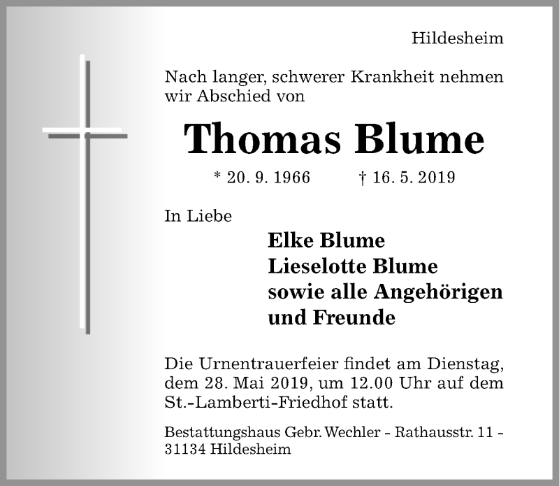  Traueranzeige für Thomas Blume vom 18.05.2019 aus Hildesheimer Allgemeine Zeitung