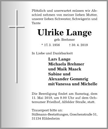 Traueranzeige von Ulrike Lange von Hildesheimer Allgemeine Zeitung