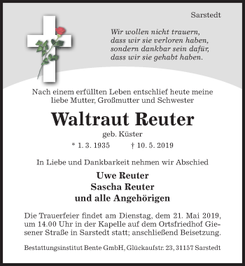 Traueranzeige von Waltraut Reuter von Hildesheimer Allgemeine Zeitung