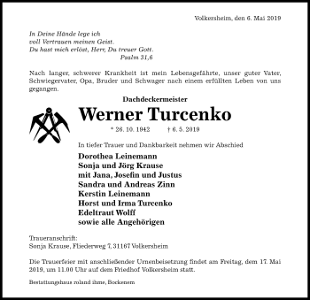 Traueranzeige von Werner Turcenko von Hildesheimer Allgemeine Zeitung