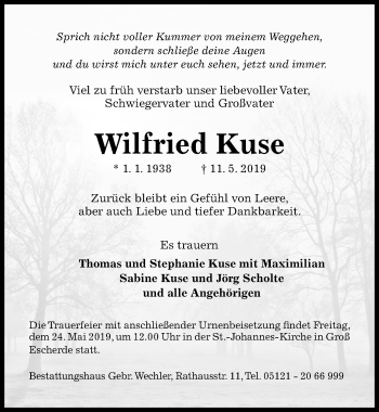 Traueranzeige von Wilfried Kuse von Hildesheimer Allgemeine Zeitung