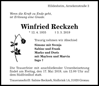 Traueranzeige von Winfried Reckzeh von Hildesheimer Allgemeine Zeitung