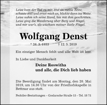 Traueranzeige von Wolfgang Denst von Hildesheimer Allgemeine Zeitung