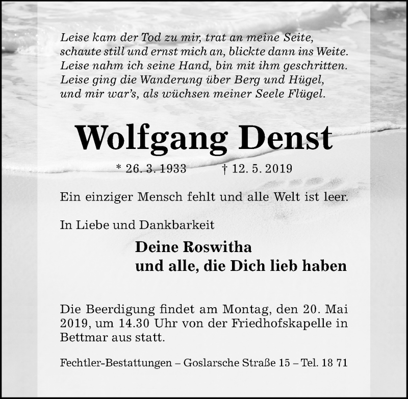  Traueranzeige für Wolfgang Denst vom 18.05.2019 aus Hildesheimer Allgemeine Zeitung