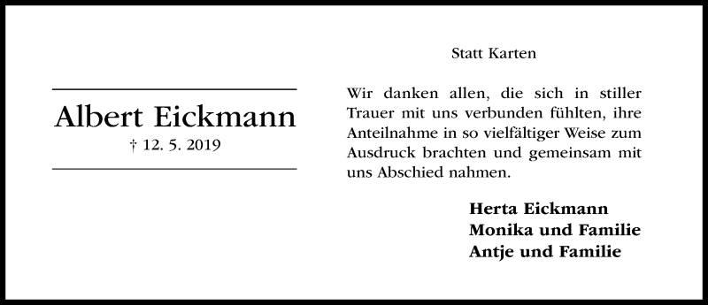  Traueranzeige für Albert Eickmann vom 15.06.2019 aus Hildesheimer Allgemeine Zeitung