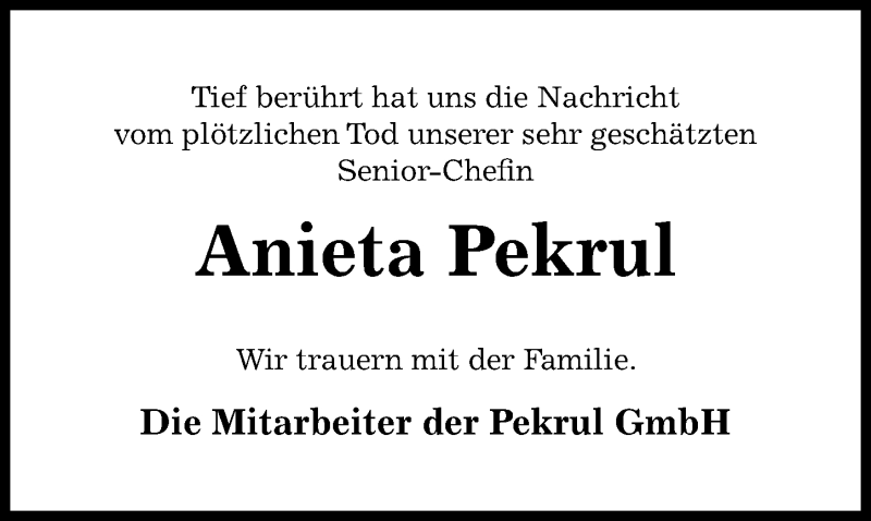  Traueranzeige für Anieta Pekrul vom 08.06.2019 aus Hildesheimer Allgemeine Zeitung