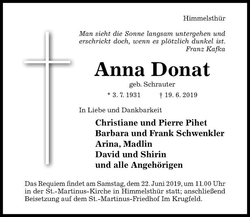  Traueranzeige für Anna Donat vom 21.06.2019 aus Hildesheimer Allgemeine Zeitung