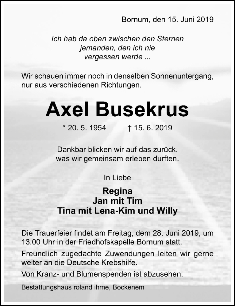  Traueranzeige für Axel Busekrus vom 22.06.2019 aus Hildesheimer Allgemeine Zeitung