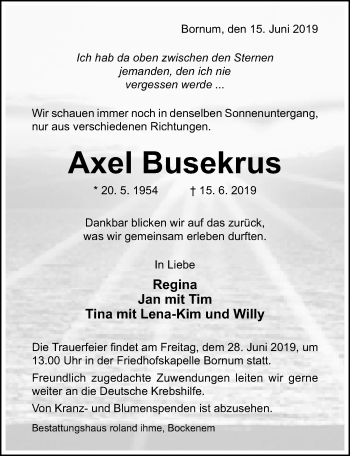 Traueranzeige von Axel Busekrus von Hildesheimer Allgemeine Zeitung