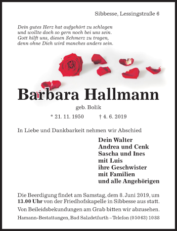 Traueranzeige von Barbara Hallmann von Hildesheimer Allgemeine Zeitung