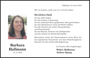 Traueranzeige von Barbara Hallmann von Hildesheimer Allgemeine Zeitung