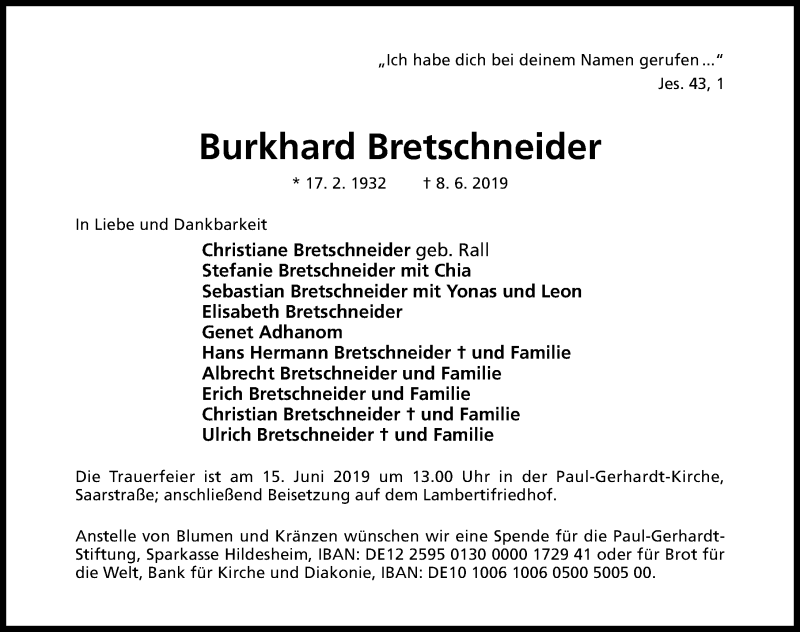 Traueranzeige für Burkhard Bretschneider vom 13.06.2019 aus Hildesheimer Allgemeine Zeitung