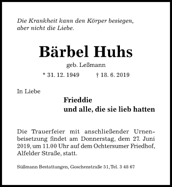 Traueranzeige von Bärbel Huhs von Hildesheimer Allgemeine Zeitung